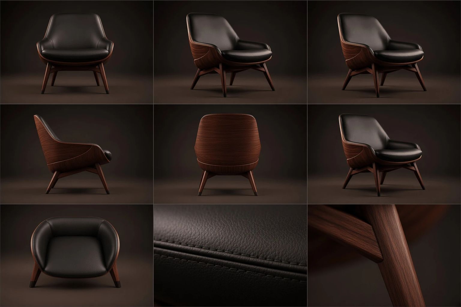 A nine-frame contact sheet of one chair across angles, crops and detail shots