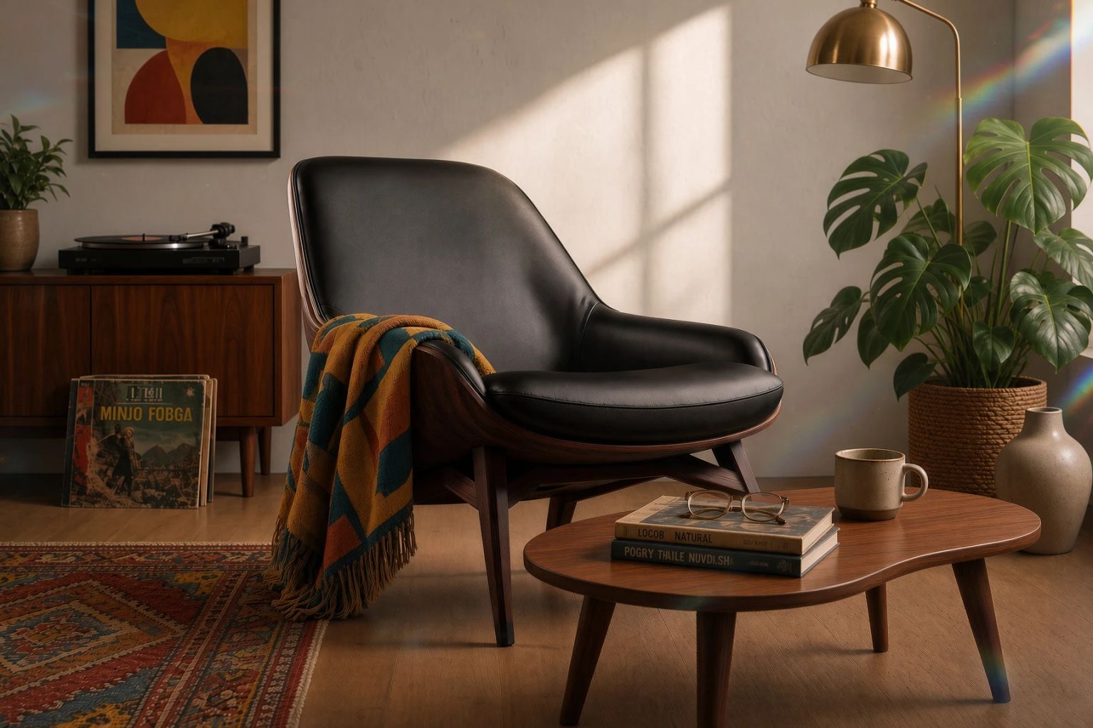 The lounge chair in a sunlit living room with a throw, coffee table and plants
