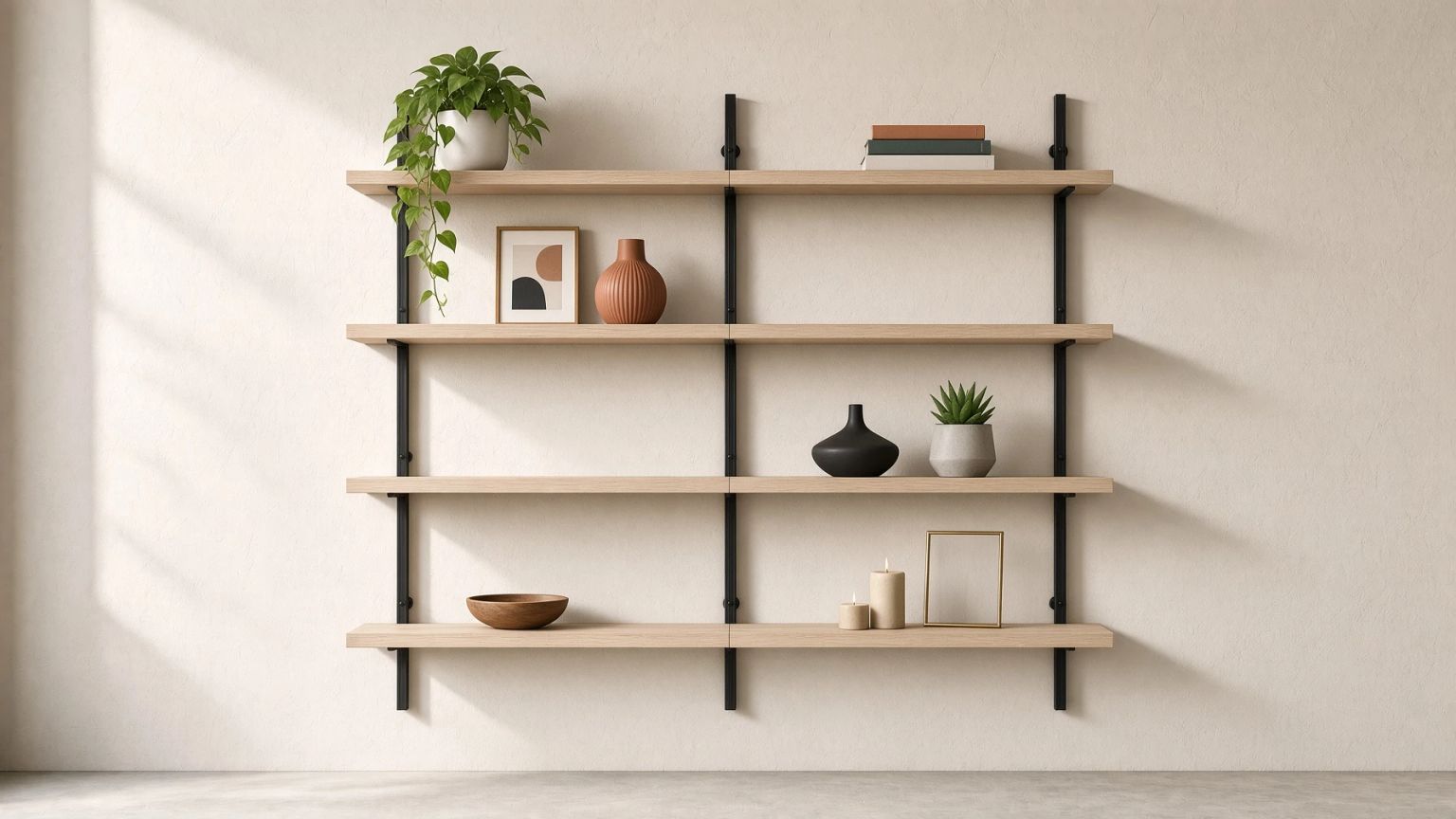 Wall-mounted modular shelving in a pale room, styled with books and ceramics