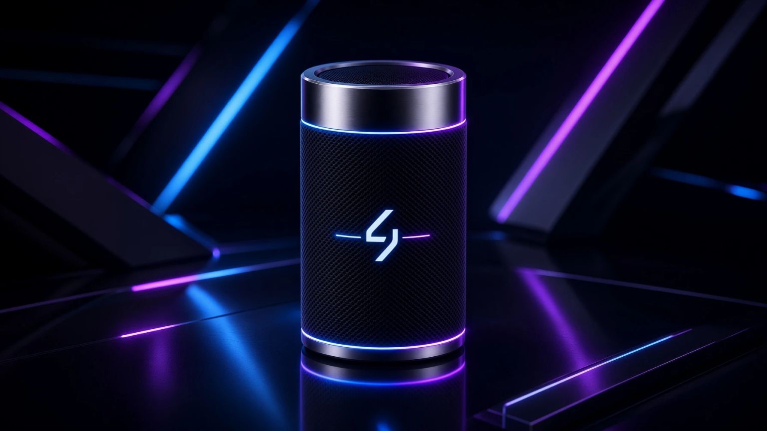 Cylindrical portable speaker on a dark set lit with blue and magenta neon