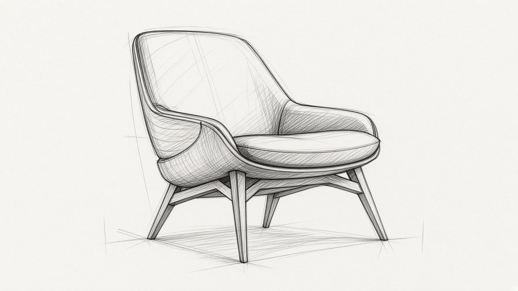 A pencil concept sketch of the lounge chair on white paper