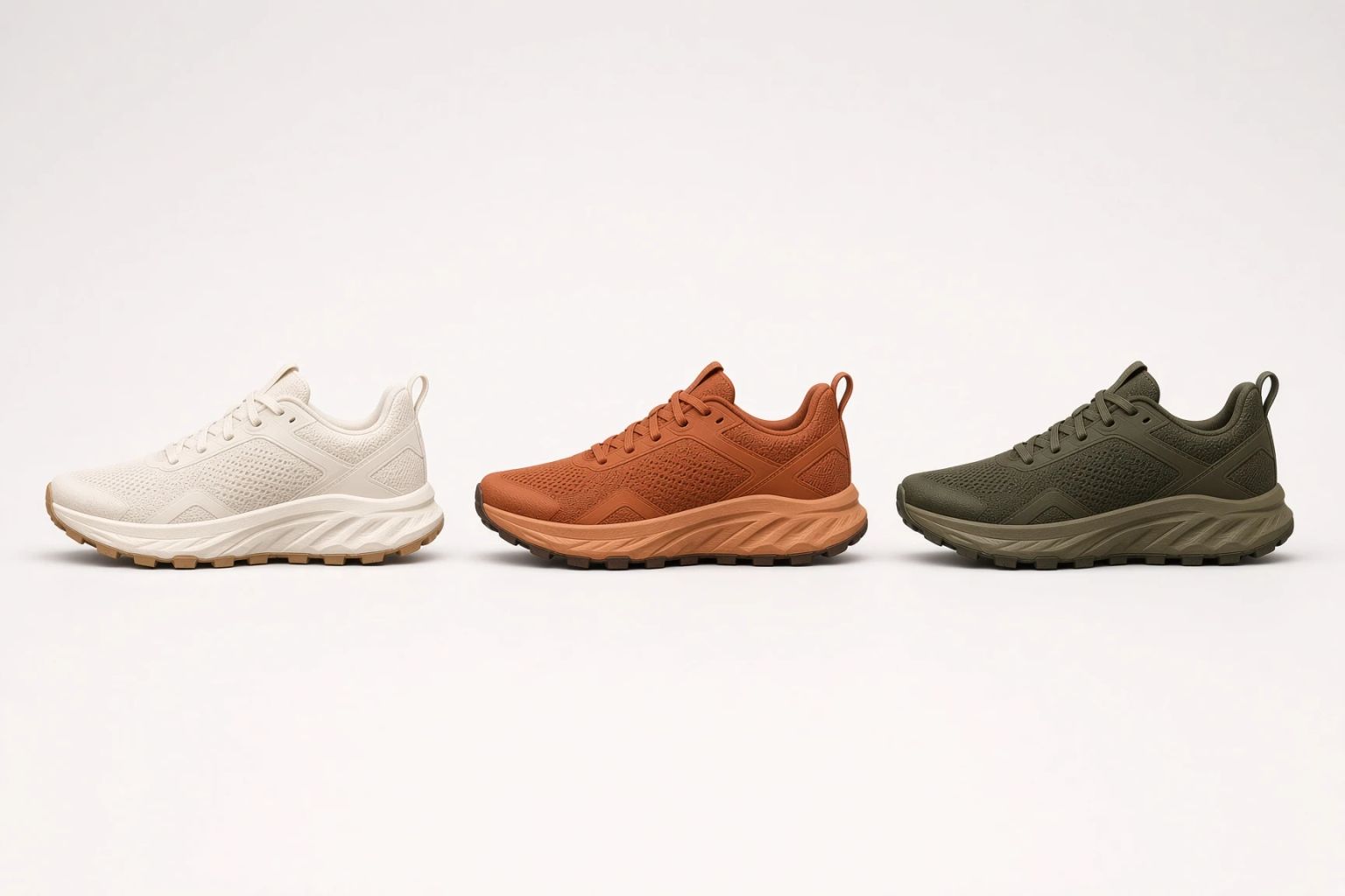 Three trail running shoes in cream, rust and olive, lined up on white
