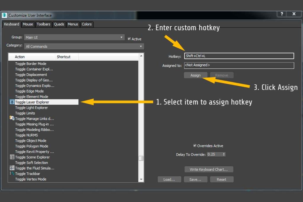 3DS Max custom hotkey for layer toggle rendernode