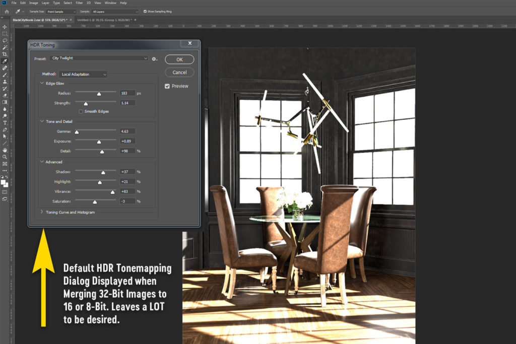 Photoshop's default tonemapping tool for merging 32 bit images down